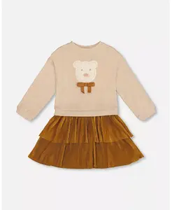 Платье для девочек из двух материалов карамельно-коричневого цвета с многослойной юбкой Deux par Deux, коричневый