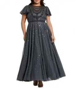 Платье из тонкой, пышной сетки с рукавами-крылышками и бисером Mac Duggal, серый