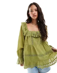 Топ ASOS DESIGN из комбинированного кружева и люверсов с квадратным вырезом зеленого цвета