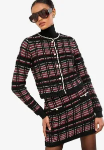 Кардиган прямого кроя с клетчатым узором и круглым вырезом горловины из букле, с декоративной отделкой. Lipsy, Black Red