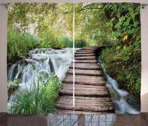 Штора ABAKUHAUS Jungle Rustic, Ручей в зеленых джунглях, универсальная ленточная штора для гостиной с петлями и крючками, 280 x 225 см, коричнево-зелено-белый Abakuhaus
