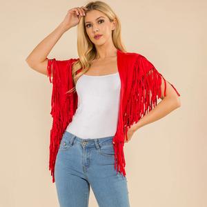 Искусственная замша с открытой передней частью западный кисточки шаль пончо TRUEDAMES, коралловый