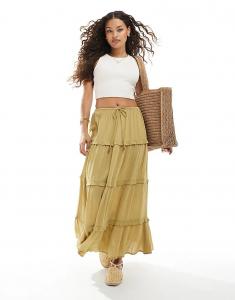 Юбка макси Miss Selfridge Petite с ярусами, светло-зеленого цвета хаки