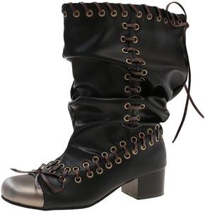 Женские ботинки средней высоты до икры с квадратным носком, шнуровкой и бантом, с толстым каблуком, винтажные ковбойские ботинки, ретро-модные с сборкой, широкие по голенищу, панк-короткие ботинки для женщин LokoLucx, Brown