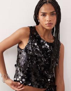 Укороченный топ без рукавов Disc с пайетками, черный цвет Noisy May