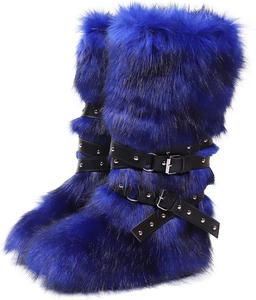 Женские зимние сапоги Y2K до бедра с искусственным мехом, высокие плюшевые снежные ботинки, панк, с пряжками и заклепками, готический стиль Keridean, A-Royal-Blue