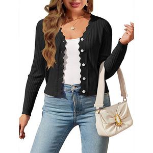 Женский кардиган с рифленой вязкой, длинным рукавом и фигурным краем Clearflower, Black