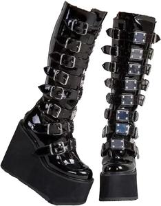 Женские готические высокие ботинки на платформе, сшнурованные, с клиновидным каблуком и ремешком с пряжкой, кожаные длинные ботильоны, стиль косплей Generic, 2