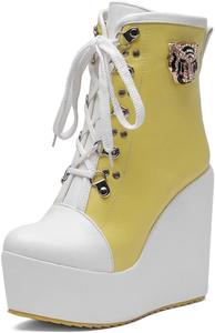 Женские ботильоны с круглым носком на платформе и сандалетом на танкетке, с шнуровкой, массивные высокие каблуки, праздничные короткие ботинки JOEUSTY, Yellow-Velvet Lined