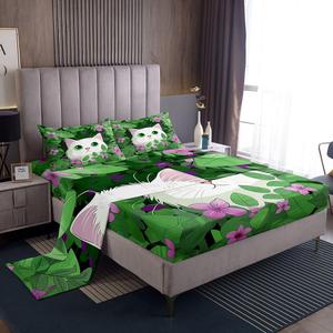Erosebridal Комплект постельного белья Kawaii White Cat Full с милыми котиками и фиолетовыми цветами, Green Purple