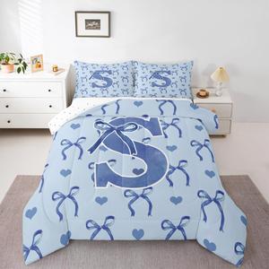 Erosebridal Комплект постельного белья S Bowknot Blue Alphabet с бантиками и сердечками в стиле кавай для девочек, Multi 19