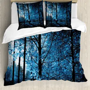 Пододеяльник ABAKUHAUS Forest, осенний лес, защита от клещей, подходит для аллергиков, с наволочками, 155 см x 220 см - 80 x 80 см, сине-черный Abakuhaus
