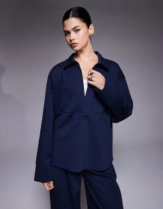 Рубашка свободного кроя из ткани интерлок от ASOS DESIGN темно-синего цвета с карманами