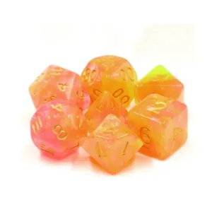 Poly Set — Текила Санрайз с золотом (7), Dice Sets - Resin/Acrylic - Red, Orange, Yellow, & Pink (Foam Brain Games)
