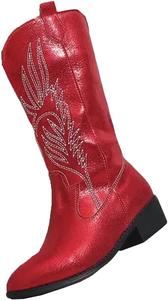 Зимние женские ковбойские сапоги в стиле вестерн с острым носком, на высоком каблуке, с вышивкой, челси Generic, Red