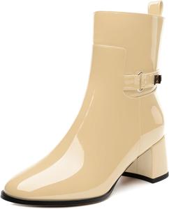 Женские ботильоны SKYSTERRY с круглыми носками, массивным каблуком и высоким блок-каблуком, модные ботинки из лакированной кожи для вечеринок, свадеб, шопинга, работы и короткие платья, Beige