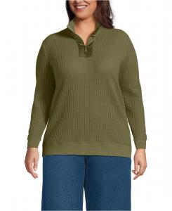 Пуловер большого размера с длинными рукавами, вафельной текстурой и молнией до середины груди Lands' End, Olive drab
