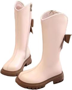 Вестерн-сапожки для девочек 3-11 лет с милыми жемчужными бантиками, сапожки для верховой езды, винтажные высокие сапоги ниже колена с массивным плоским каблуком Ctreela, Beige