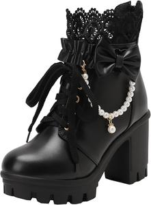 XIEPP Женские ботильоны на молнии с шнуровкой, короткие ботинки на невысоком каблуке с декоративными бусинами и кружевом для косплея и повседневной носки