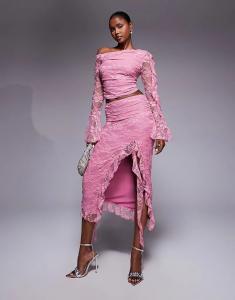 Юбка миди с асимметричным кружевом и оборками Love Triangle в тускло-розовом цвете — часть комплекта