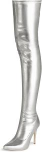 Женские сапоги CAMSSOO выше колена из искусственной замши с эластичными каблуками, боковой молнией, заостренным носком, модные, сексуальные зимние сапоги на шпильке до колена, Metallic Silver Pu