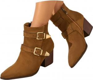 Женские замшевые ботильоны 2025, удобные слипоны на массивном каблуке, короткие ботинки с заостренным носком, винтажные, осенне-зимняя мода, ремешки с пряжками, ботинки до середины икры с боковой молнией, повседневная обувь для ходьбы Generic, Brown