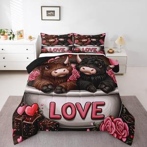 Erosebridal Комплект постельного белья Valentines Cow с принтом западной высокогорной коровы, розовыми цветами и фермерскими животными, Black Brown Pink