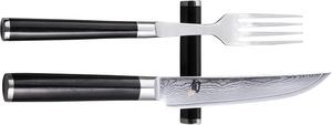 Kai Shun Classic, японский набор столовых приборов, 3 предмета: стейковый нож 12 см, клинок дамаск 32 слоя, сердцевина VG MAX, 61 (±1) HRC, вилка из нержавеющей стали, подставка, рукоять pakkawood
