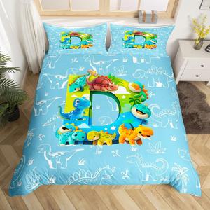 Erosebridal Детский комплект постельного белья Jungle Dinosaur с мультяшными динозаврами и монограммой буквы D, Blue D