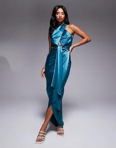 Платье TFNC Petite с халтер-холкой и юбкой-халатом из бирюзового атласа