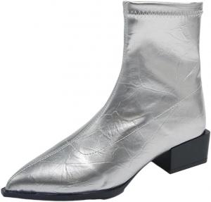 Женские зимние ботильоны из лакированной кожи с квадратным каблуком 3,5 см, современные повседневные туфли Generic, Silver