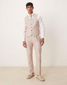 Узкие брюки из льняной и хлопковой смеси коричневого цвета с узором «ёлочка» Asos Design