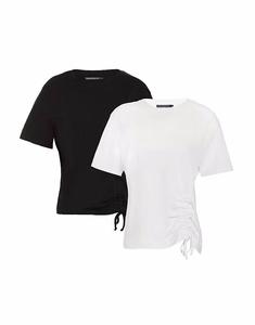 Набор из 2 хлопковых топов с короткими рукавами и круглым вырезом, отделкой рюшами, черного цвета French Connection