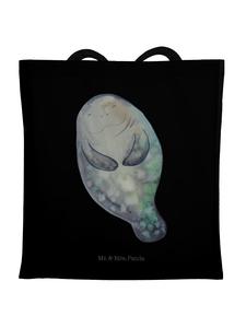 Mr. & Mrs. Panda Джутовая сумка с изображением морской коровы, надпись «Счастлива», без слогана, черного цвета