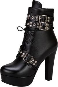 Женские ботильоны с шнуровкой на блочном каблуке, байкерские, с круглым носком Renessmi, Black 1