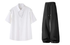 Повседневная спортивная одежда Unisex Lapel Thin X1617, белый shirt+черный ice silk pants