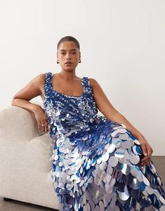 Платье миди ARRANGE Curve с квадратным вырезом, пышной юбкой и отделкой в ​​виде диска, синего цвета