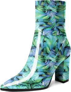 Женские ботильоны AUMOTED с блок-каблуком, массивный высокий каблук, короткие ботинки, заостренный носок, боковая молния, модные удобные ботинки для выхода, каблук 3,4 дюйма, Floral Green
