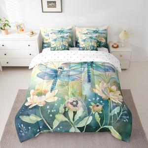 Erosebridal Комплект постельного белья Dragonfly King с ботаническим цветочным принтом в зеленых тонах, Green Yellow