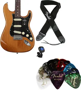 Fender American Professional II Stratocaster - обожженная сосна с грифом из палисандра. Комплект с полиэстеровым ремнем Fender 2" с логотипом - черный с белым логотипом... (4 предмета)