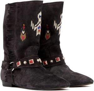 Женские замшевые ботильоны с вышивкой, кристально-миндальный носок, плоские короткие ботинки, повседневные с бахромой, пряжкой и ковбойским западным стилем Kapxumo, Black