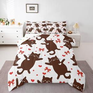 Erosebridal Комплект постельного белья Kawaii Cats с милыми котиками и бантиками в стиле кавай, Brown Red White
