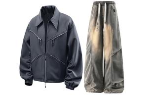 Повседневная спортивная одежда Unisex с лацканом Lapel Moderate X1617, синий серый top+желтый mud pants