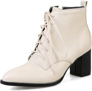 Женские элегантные ботильоны VOKLIN с острым носком, шнуровкой и молнией, на массивном среднем каблуке, праздничные короткие ботинки, Beige-Velvet Lined