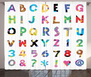 Штора ABAKUHAUS "Алфавит в деревенском стиле", веселые обучающие буквы, присборенная штора из тесьмы для спальни с петлями и крючками, 280 x 225 см, белый, разноцветный Abakuhaus