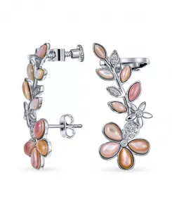 Серьги-Гвоздики с застежкой-зажимом из светло-розового перламутра в форме цветка-гусеницы, латунь с родиевым покрытием Bling Jewelry, pink