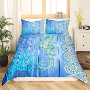 Erosebridal Комплект постельного белья Nautical Seahorse в стиле бохо с мандалой и морской тематикой, синий цвет с деревянным принтом, Multi 1