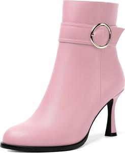 Женские ботильоны WAYDERNS с пряжкой, круглый носок, матовые, однотонные, повседневные, на высоком каблуке 3,3 дюйма, Pink