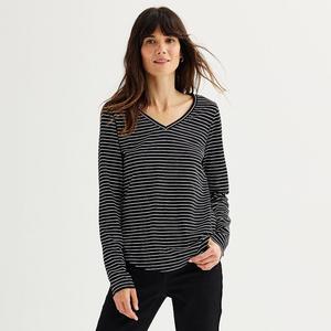 Petite Sonoma Goods For Life Футболка на каждый день с длинными рукавами и v-образным вырезом, цвет Deep Black Stripe