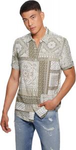 GUESS мужская рубашка из экологичного вискозы с пэчворк принтом, Patchwork Tile Green